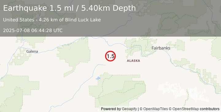 Earthquake 56 km SW of Manley Hot Springs, Alaska (1.5 ml) (2025-07-08 06:44:28 UTC)