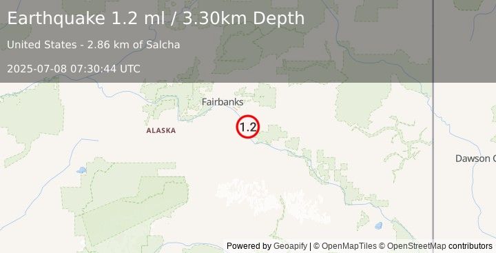 Earthquake 2 km S of Salcha, Alaska (1.2 ml) (2025-07-08 07:30:44 UTC)