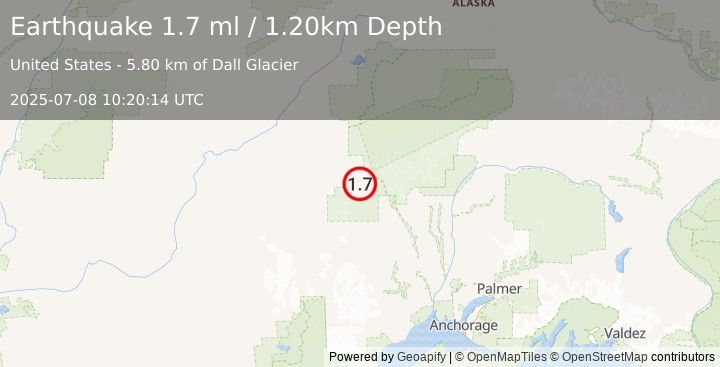 Earthquake 75 km WNW of Petersville, Alaska (1.7 ml) (2025-07-08 10:20:14 UTC)