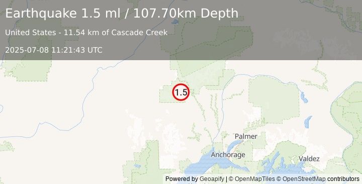Earthquake 61 km W of Petersville, Alaska (1.5 ml) (2025-07-08 11:21:43 UTC)