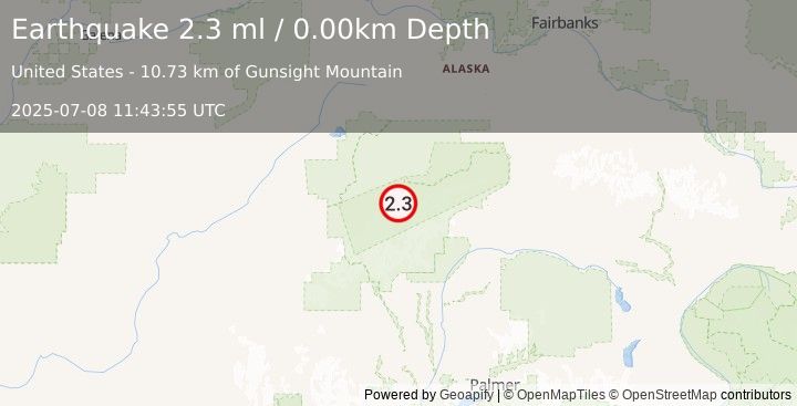 Earthquake 46 km SE of Denali National Park, Alaska (2.3 ml) (2025-07-08 11:43:55 UTC)