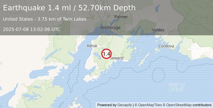 Earthquake 33 km SW of Cooper Landing, Alaska (1.4 ml) (2025-07-08 13:02:06 UTC)