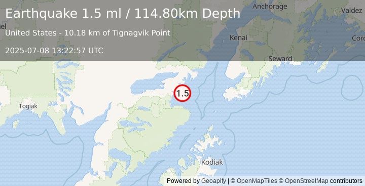Earthquake 51 km ESE of Pope-Vannoy Landing, Alaska (1.5 ml) (2025-07-08 13:22:57 UTC)