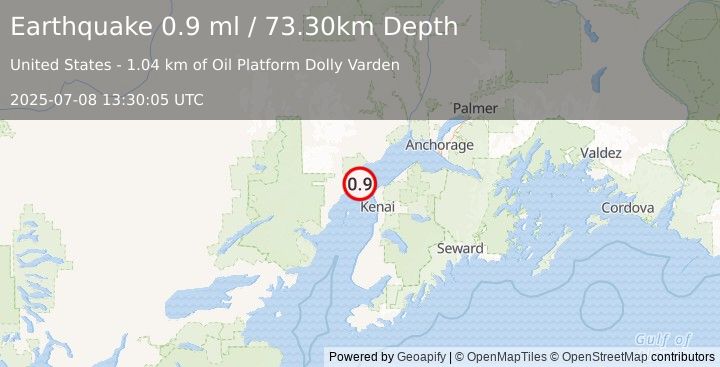 Earthquake 22 km WNW of Nikiski, Alaska (0.9 ml) (2025-07-08 13:30:05 UTC)