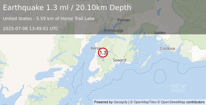 Earthquake 13 km SSE of Funny River, Alaska (1.3 ml) (2025-07-08 13:49:01 UTC)