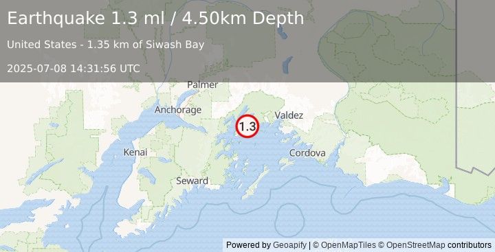 Earthquake 54 km W of Tatitlek, Alaska (1.3 ml) (2025-07-08 14:31:56 UTC)