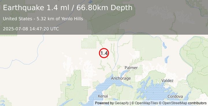 Earthquake 18 km NE of Skwentna, Alaska (1.4 ml) (2025-07-08 14:47:20 UTC)