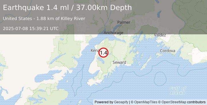 Earthquake 6 km ESE of Funny River, Alaska (1.4 ml) (2025-07-08 15:39:21 UTC)