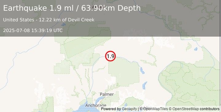 Earthquake 57 km S of Cantwell, Alaska (1.9 ml) (2025-07-08 15:39:19 UTC)