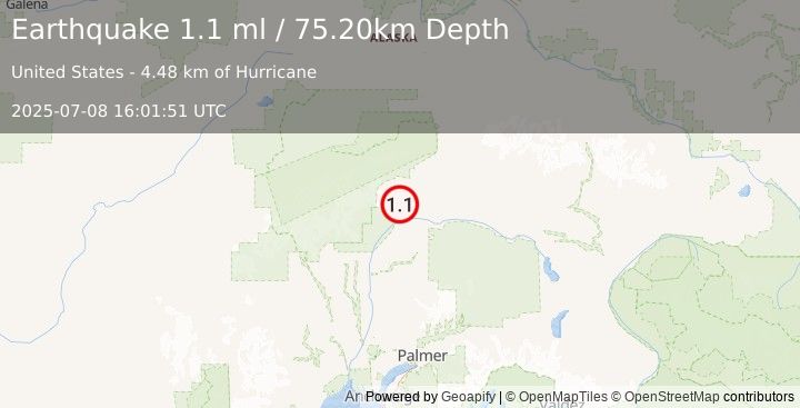 Earthquake 54 km SSW of Cantwell, Alaska (1.1 ml) (2025-07-08 16:01:51 UTC)