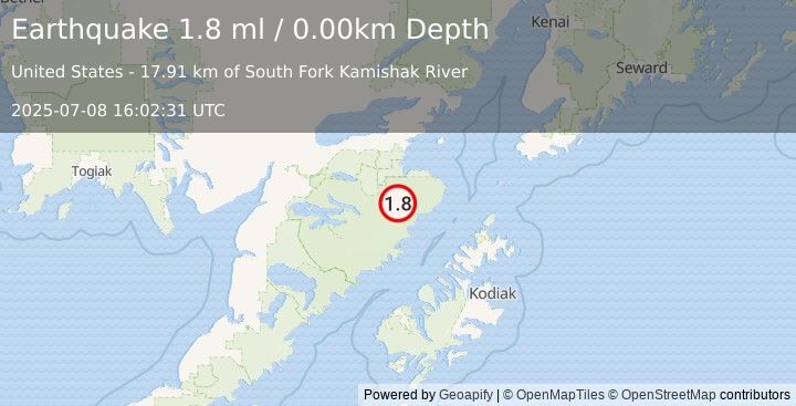 Earthquake 83 km SSE of Kokhanok, Alaska (1.8 ml) (2025-07-08 16:02:31 UTC)