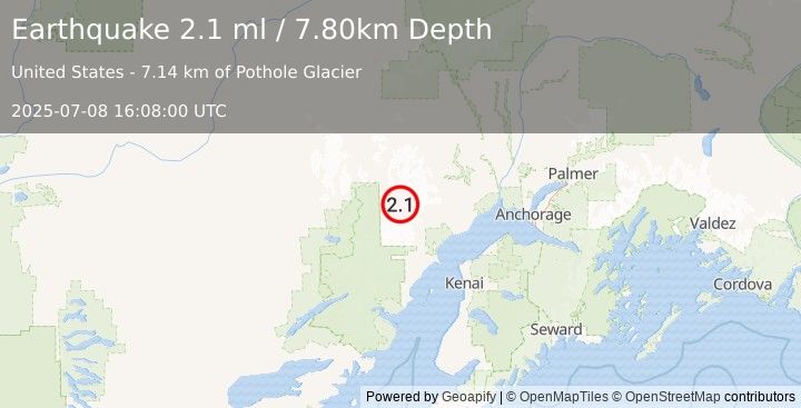 Earthquake 79 km WNW of Tyonek, Alaska (2.1 ml) (2025-07-08 16:08:00 UTC)