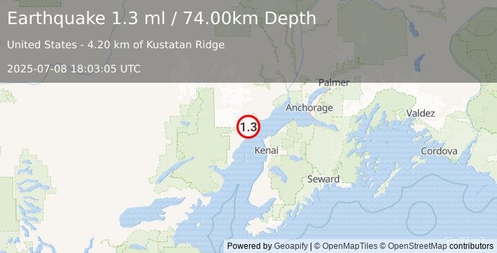 Earthquake 39 km NW of Nikiski, Alaska (1.3 ml) (2025-07-08 18:03:05 UTC)