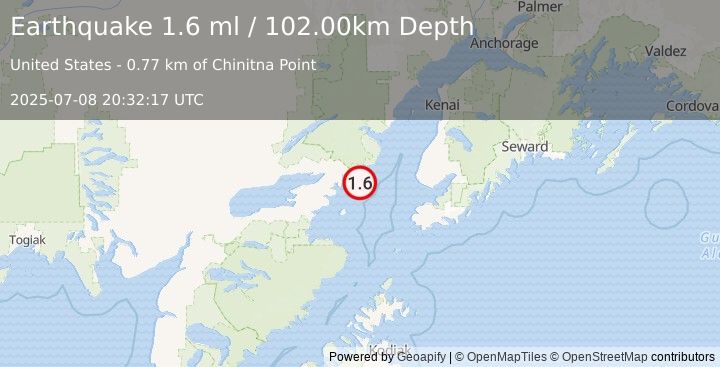 Earthquake 59 km E of Pedro Bay, Alaska (1.6 ml) (2025-07-08 20:32:17 UTC)