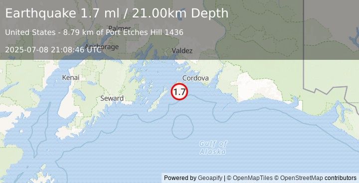 Earthquake 51 km SW of Cordova, Alaska (1.7 ml) (2025-07-08 21:08:46 UTC)