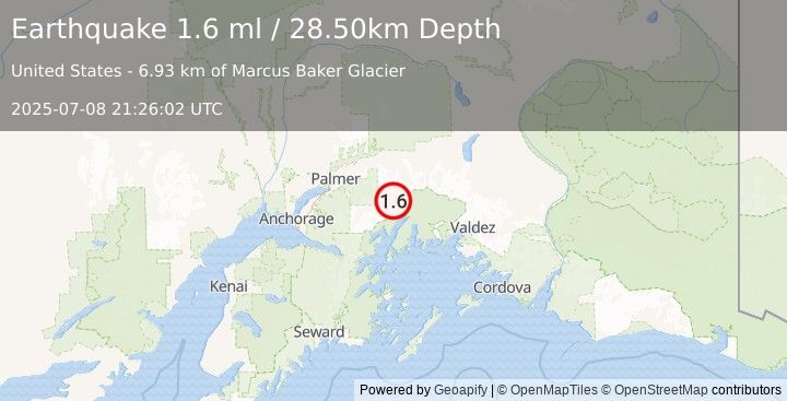 Earthquake 49 km SSW of Glacier View, Alaska (1.6 ml) (2025-07-08 21:26:02 UTC)