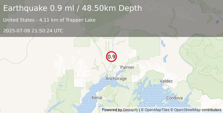 Earthquake 25 km NNW of Willow, Alaska (0.9 ml) (2025-07-08 21:50:24 UTC)