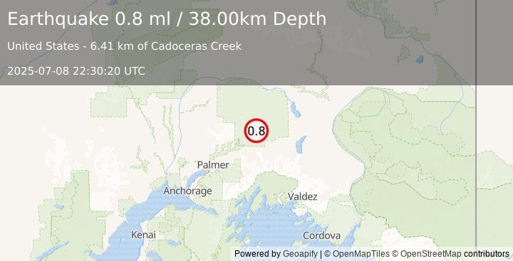 Earthquake 32 km N of Glacier View, Alaska (0.8 ml) (2025-07-08 22:30:20 UTC)
