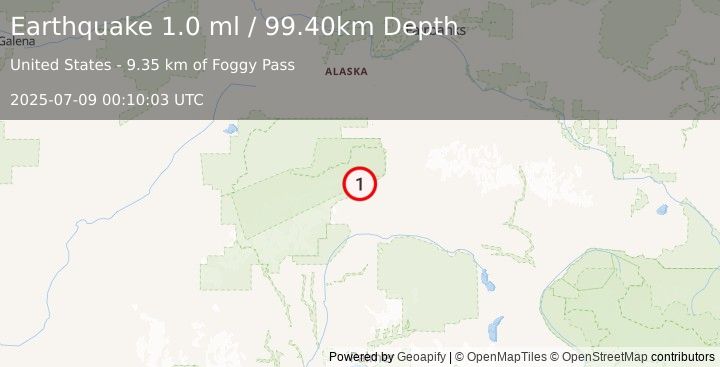 Earthquake 21 km W of Cantwell, Alaska (1.0 ml) (2025-07-09 00:10:03 UTC)