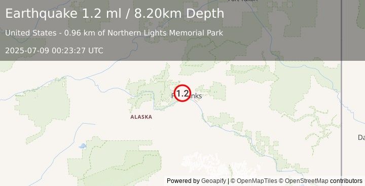 Earthquake 5 km NW of College, Alaska (1.2 ml) (2025-07-09 00:23:27 UTC)
