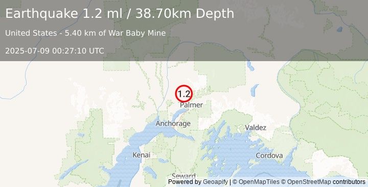 Earthquake 13 km NW of Fishhook, Alaska (1.2 ml) (2025-07-09 00:27:10 UTC)