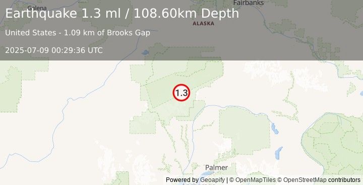 Earthquake 69 km N of Petersville, Alaska (1.3 ml) (2025-07-09 00:29:36 UTC)