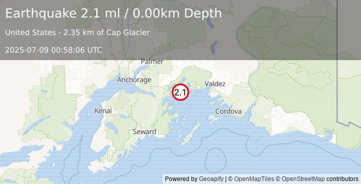 Earthquake 48 km ENE of Whittier, Alaska (2.1 ml) (2025-07-09 00:58:06 UTC)