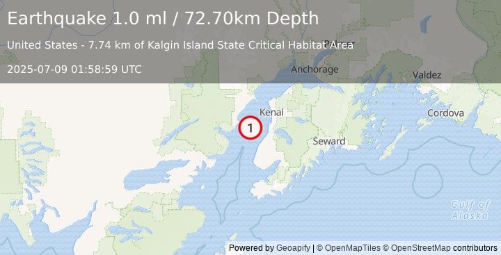 Earthquake 30 km WNW of Clam Gulch, Alaska (1.0 ml) (2025-07-09 01:58:59 UTC)