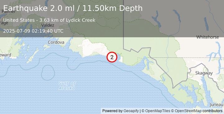 Earthquake 128 km WNW of Yakutat, Alaska (2.0 ml) (2025-07-09 02:19:40 UTC)