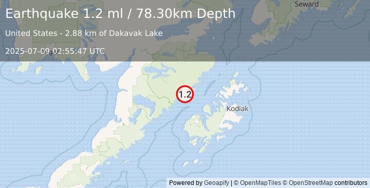 Earthquake 62 km N of Karluk, Alaska (1.2 ml) (2025-07-09 02:55:47 UTC)