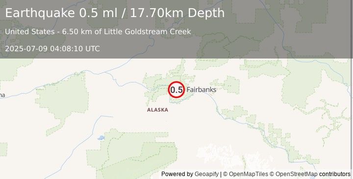Earthquake 29 km NNE of Four Mile Road, Alaska (0.5 ml) (2025-07-09 04:08:10 UTC)