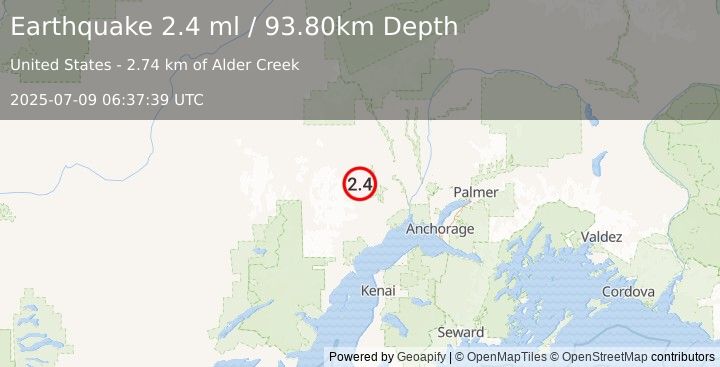 Earthquake 39 km SSW of Skwentna, Alaska (2.8 ml) (2025-07-09 06:37:40 UTC)