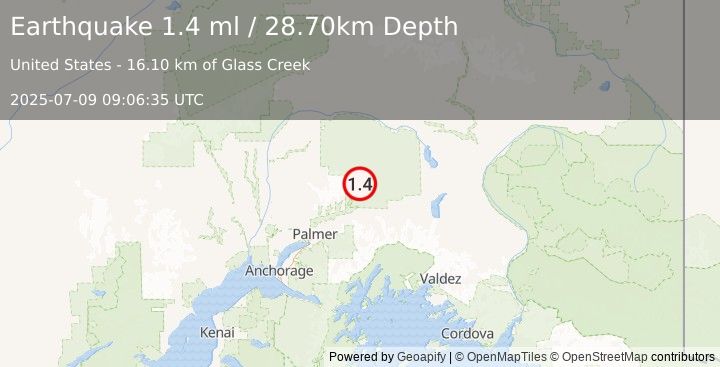 Earthquake 40 km NNE of Chickaloon, Alaska (1.4 ml) (2025-07-09 09:06:35 UTC)