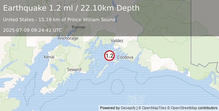 Earthquake 31 km SSW of Tatitlek, Alaska (1.2 ml) (2025-07-09 09:24:41 UTC)