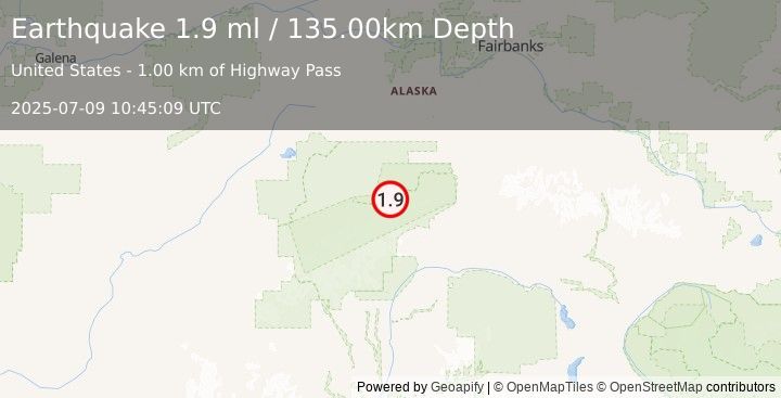 Earthquake 60 km W of Cantwell, Alaska (1.9 ml) (2025-07-09 10:45:09 UTC)