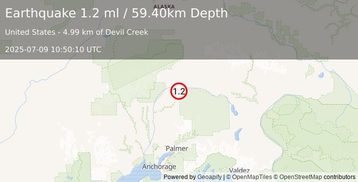 Earthquake 67 km ENE of Chase, Alaska (1.2 ml) (2025-07-09 10:50:10 UTC)