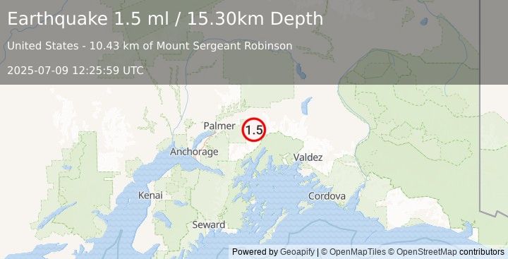 Earthquake 35 km SW of Glacier View, Alaska (1.5 ml) (2025-07-09 12:25:59 UTC)