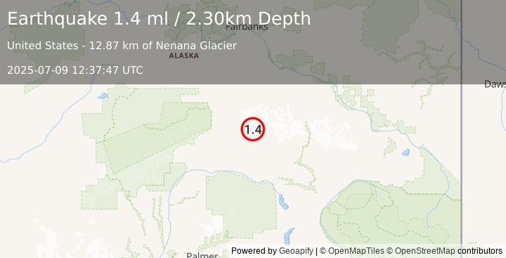 Earthquake 71 km E of Cantwell, Alaska (1.4 ml) (2025-07-09 12:37:47 UTC)