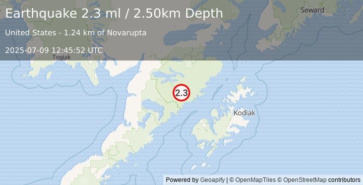 Earthquake 86 km NNW of Karluk, Alaska (2.3 ml) (2025-07-09 12:45:52 UTC)