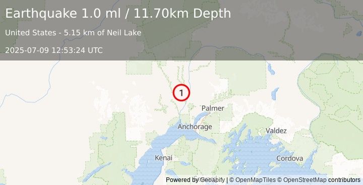 Earthquake 30 km NW of Willow, Alaska (1.0 ml) (2025-07-09 12:53:24 UTC)