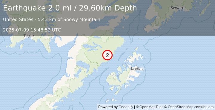 Earthquake 84 km N of Karluk, Alaska (2.0 ml) (2025-07-09 15:48:52 UTC)
