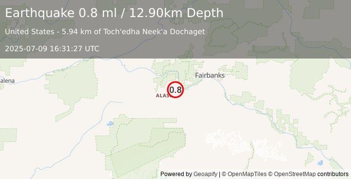 Earthquake 8 km W of Nenana, Alaska (0.8 ml) (2025-07-09 16:31:27 UTC)