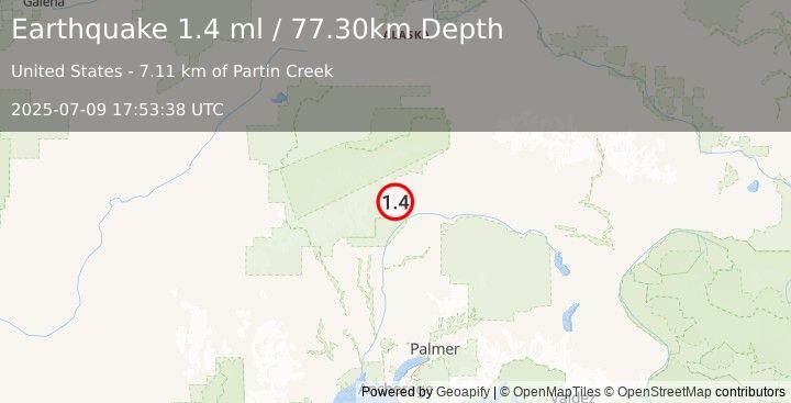 Earthquake 58 km N of Chase, Alaska (1.4 ml) (2025-07-09 17:53:38 UTC)