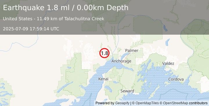 Earthquake 35 km W of Susitna, Alaska (1.8 ml) (2025-07-09 17:59:14 UTC)
