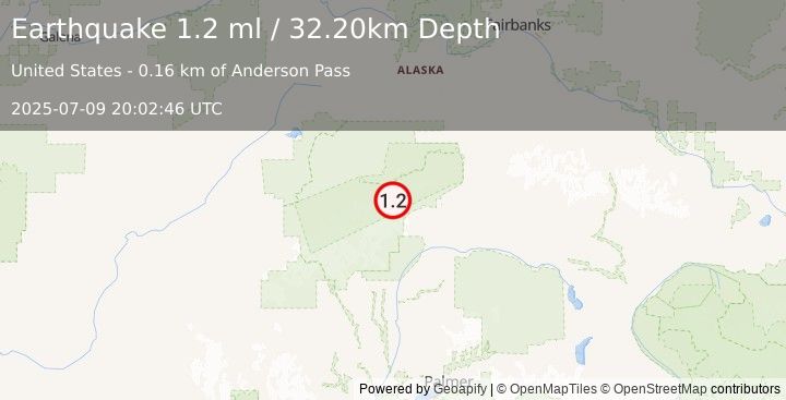 Earthquake 65 km W of Cantwell, Alaska (1.2 ml) (2025-07-09 20:02:46 UTC)