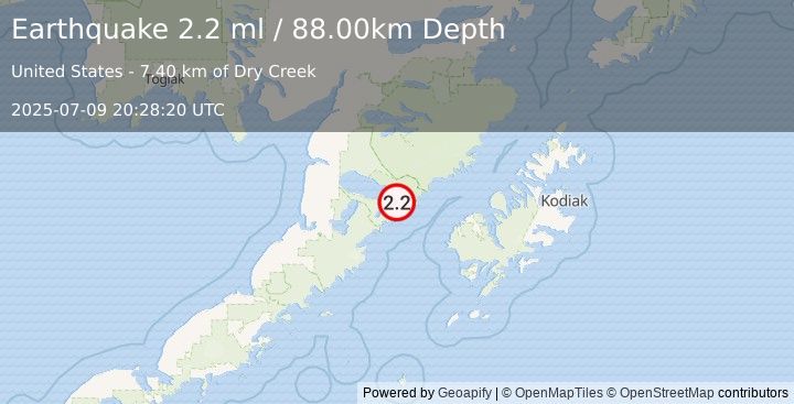 Earthquake 79 km WNW of Karluk, Alaska (2.2 ml) (2025-07-09 20:28:20 UTC)