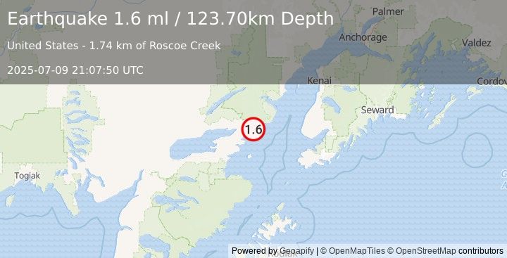 Earthquake 44 km E of Pedro Bay, Alaska (1.6 ml) (2025-07-09 21:07:50 UTC)