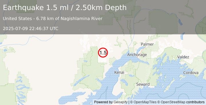 Earthquake 77 km WNW of Tyonek, Alaska (1.5 ml) (2025-07-09 22:46:37 UTC)