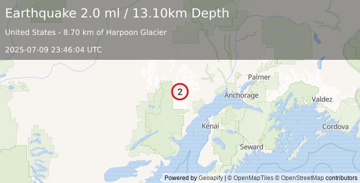 Earthquake 82 km WNW of Tyonek, Alaska (2.0 ml) (2025-07-09 23:46:04 UTC)