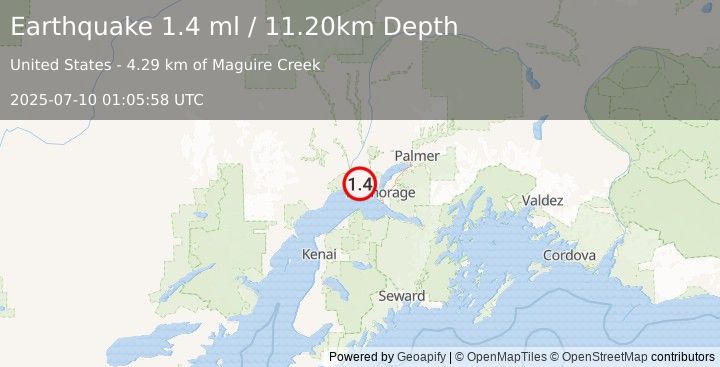 Earthquake 21 km WSW of Point MacKenzie, Alaska (1.4 ml) (2025-07-10 01:05:58 UTC)